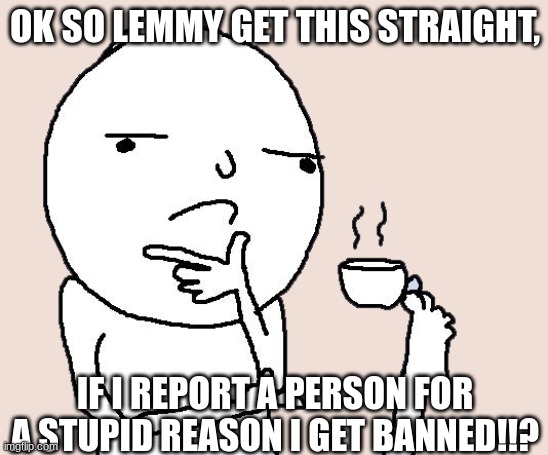 roblox noobs be lik: | OK SO LEMMY GET THIS STRAIGHT, IF I REPORT A PERSON FOR A STUPID REASON I GET BANNED!!? | image tagged in guy holding a tea cup with a foot | made w/ Imgflip meme maker