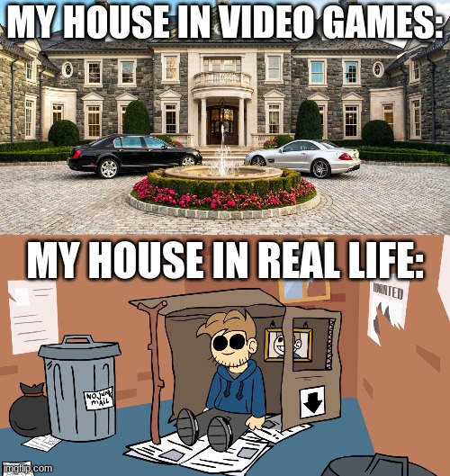 this is fine | MY HOUSE IN VIDEO GAMES:; MY HOUSE IN REAL LIFE: | image tagged in eddsworld tom,homeless,video games,relatable,funny,funny memes | made w/ Imgflip meme maker