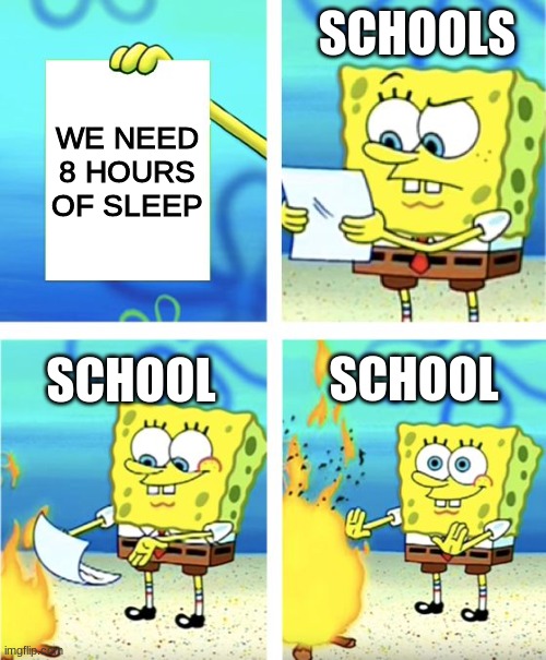 but we aren't gonna use it to sleep | SCHOOLS; WE NEED 8 HOURS OF SLEEP; SCHOOL; SCHOOL | image tagged in spongebob burning paper,school,sleep,funny memes | made w/ Imgflip meme maker