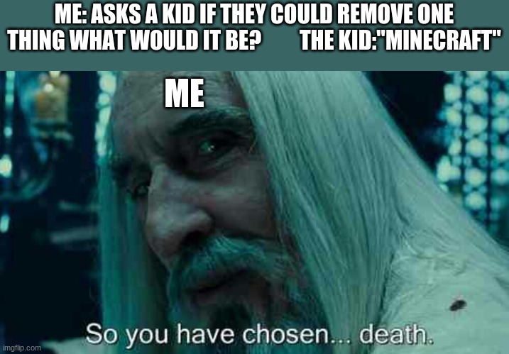 So you have chosen death | ME: ASKS A KID IF THEY COULD REMOVE ONE THING WHAT WOULD IT BE?         THE KID:"MINECRAFT"; ME | image tagged in so you have chosen death | made w/ Imgflip meme maker