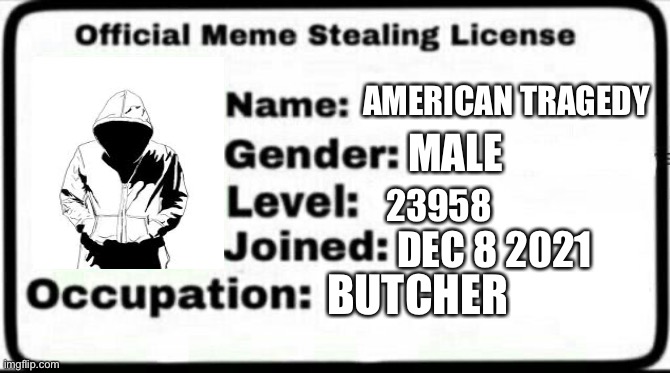 Meme Stealing License | AMERICAN TRAGEDY; MALE; 23958; DEC 8 2021; BUTCHER | image tagged in meme stealing license | made w/ Imgflip meme maker