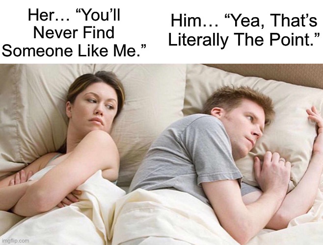 Her… “You’ll Never Find Someone Like Me.” | Her… “You’ll Never Find Someone Like Me.”; Him… “Yea, That’s Literally The Point.” | image tagged in memes,i bet he's thinking about other women,meme,breaking news | made w/ Imgflip meme maker