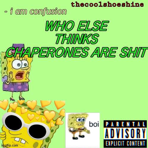 WHO ELSE THINKS CHAPERONES ARE SHIT | image tagged in thecoolshoeshine announcement temp | made w/ Imgflip meme maker