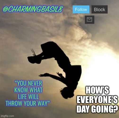 Hey | HOW’S EVERYONE’S DAY GOING? | image tagged in charmingbasil8 s personal parkour template,how is everyone doing,hello | made w/ Imgflip meme maker