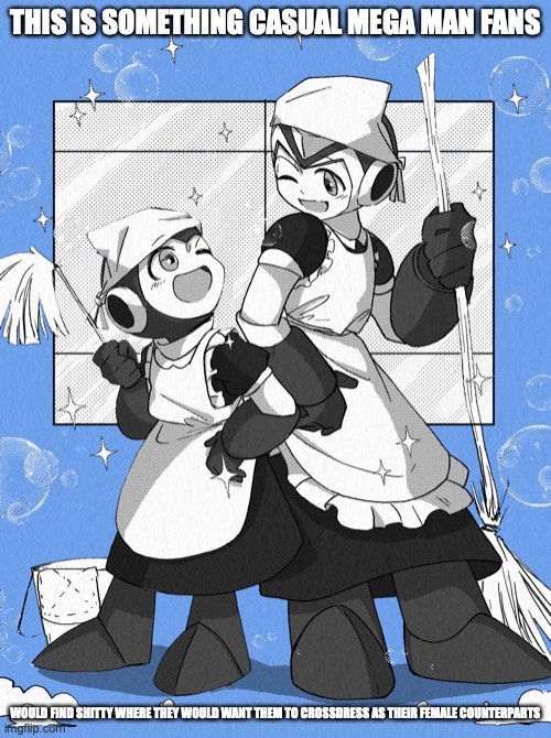 Mega Man and X as Maids | THIS IS SOMETHING CASUAL MEGA MAN FANS; WOULD FIND SHITTY WHERE THEY WOULD WANT THEM TO CROSSDRESS AS THEIR FEMALE COUNTERPARTS | image tagged in megaman,megaman x,memes | made w/ Imgflip meme maker