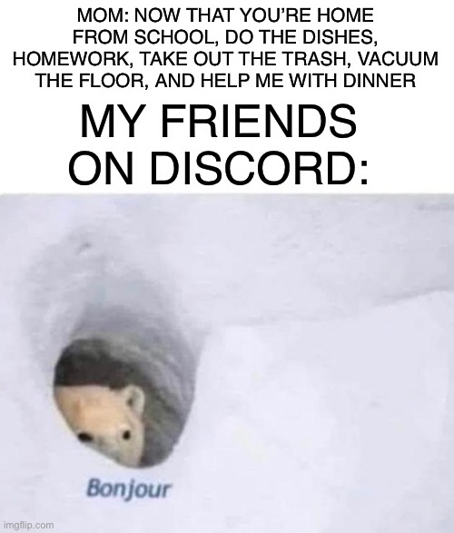 Funny | MOM: NOW THAT YOU’RE HOME FROM SCHOOL, DO THE DISHES, HOMEWORK, TAKE OUT THE TRASH, VACUUM THE FLOOR, AND HELP ME WITH DINNER; MY FRIENDS ON DISCORD: | image tagged in bonjour,memes,relatable,mom,chores,friends | made w/ Imgflip meme maker