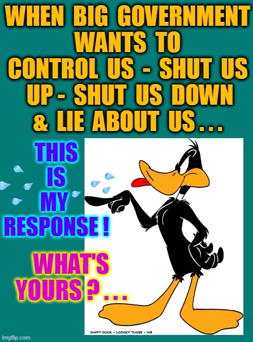 I THINK NOT !! | WHEN  BIG  GOVERNMENT  WANTS  TO  CONTROL  US  -  SHUT  US  UP -  SHUT  US  DOWN  &  LIE  ABOUT  US . . . THIS  IS  MY  RESPONSE ! WHAT'S YOURS ? . . . DAFFY DUCK - LOONEY TUNES - WB | image tagged in i think we all know where this is going,scumbag government,government,control,ah yes enslaved,not me | made w/ Imgflip meme maker