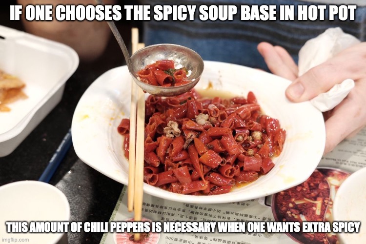 Bowl of Chili Peppers | IF ONE CHOOSES THE SPICY SOUP BASE IN HOT POT; THIS AMOUNT OF CHILI PEPPERS IS NECESSARY WHEN ONE WANTS EXTRA SPICY | image tagged in food,memes | made w/ Imgflip meme maker