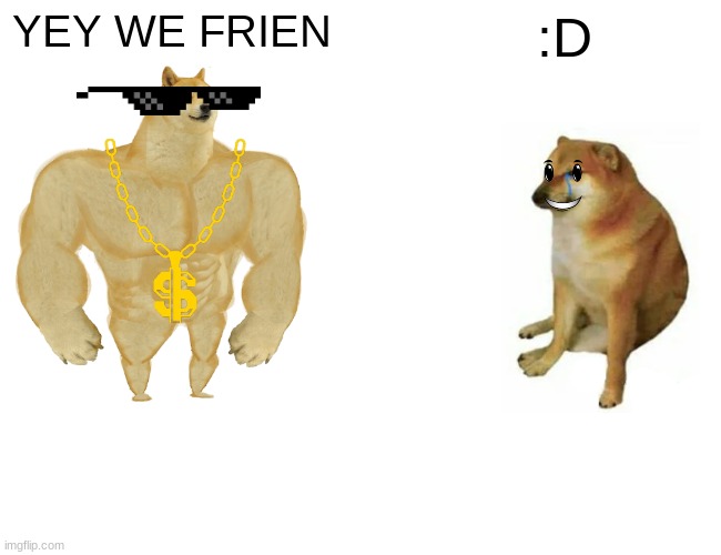 :D | YEY WE FRIEN; :D | image tagged in memes,buff doge vs cheems | made w/ Imgflip meme maker