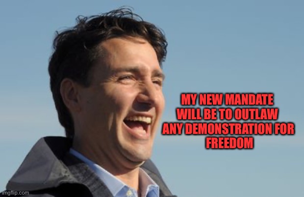 Justin Trudeau | MY NEW MANDATE 
WILL BE TO OUTLAW 
ANY DEMONSTRATION FOR
 FREEDOM | image tagged in justin trudeau | made w/ Imgflip meme maker