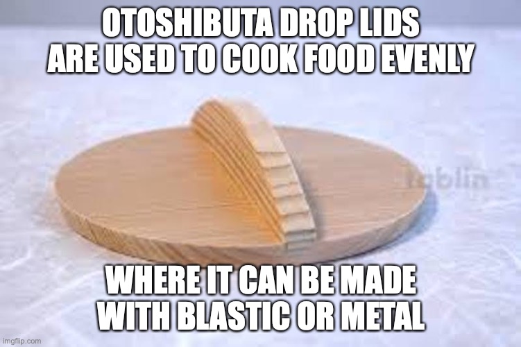 Otoshibuta | OTOSHIBUTA DROP LIDS ARE USED TO COOK FOOD EVENLY; WHERE IT CAN BE MADE WITH BLASTIC OR METAL | image tagged in cooking,memes | made w/ Imgflip meme maker