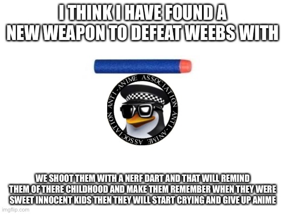 I think this will work | I THINK I HAVE FOUND A NEW WEAPON TO DEFEAT WEEBS WITH; WE SHOOT THEM WITH A NERF DART AND THAT WILL REMIND THEM OF THERE CHILDHOOD AND MAKE THEM REMEMBER WHEN THEY WERE SWEET INNOCENT KIDS THEN THEY WILL START CRYING AND GIVE UP ANIME | image tagged in blank white template,nerf,aaa | made w/ Imgflip meme maker