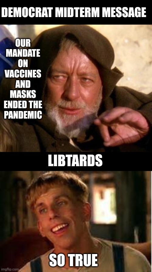 OUR MANDATE ON VACCINES AND MASKS ENDED THE PANDEMIC; DEMOCRAT MIDTERM MESSAGE; LIBTARDS; SO TRUE | image tagged in obi wan kenobi jedi mind trick,simple jack | made w/ Imgflip meme maker