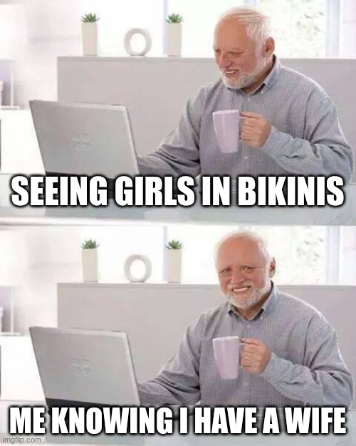 girls | SEEING GIRLS IN BIKINIS; ME KNOWING I HAVE A WIFE | image tagged in memes,hide the pain harold | made w/ Imgflip meme maker