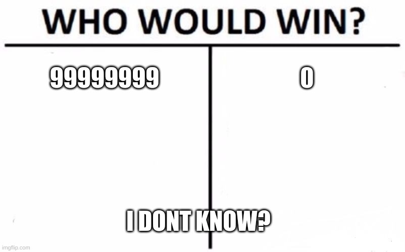 Who Would Win? | 99999999; I DONT KNOW? | image tagged in memes,who would win | made w/ Imgflip meme maker