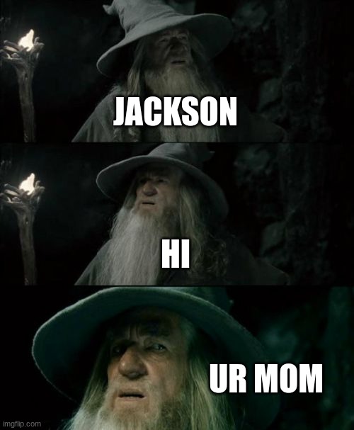 Confused Gandalf | JACKSON; HI; UR MOM | image tagged in memes,confused gandalf | made w/ Imgflip meme maker