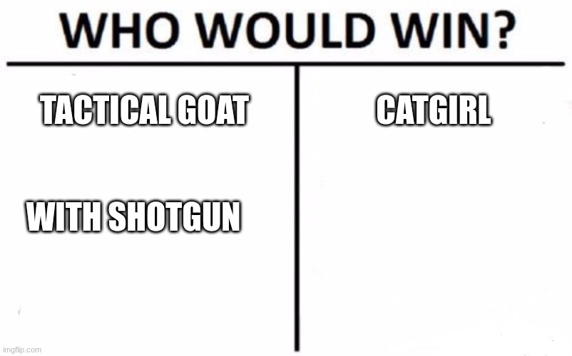 put in the comments who will win | TACTICAL GOAT; CATGIRL; WITH SHOTGUN | image tagged in memes,who would win | made w/ Imgflip meme maker