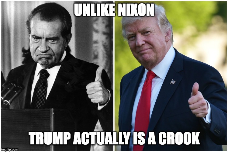 Crooks | UNLIKE NIXON; TRUMP ACTUALLY IS A CROOK | image tagged in two crooks,richard nixon,donald trump | made w/ Imgflip meme maker
