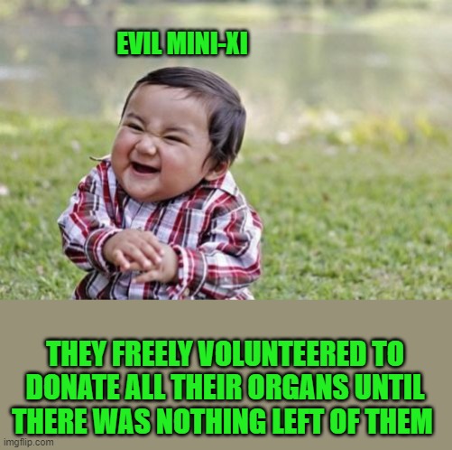 Evil Toddler Meme | EVIL MINI-XI THEY FREELY VOLUNTEERED TO DONATE ALL THEIR ORGANS UNTIL THERE WAS NOTHING LEFT OF THEM | image tagged in memes,evil toddler | made w/ Imgflip meme maker