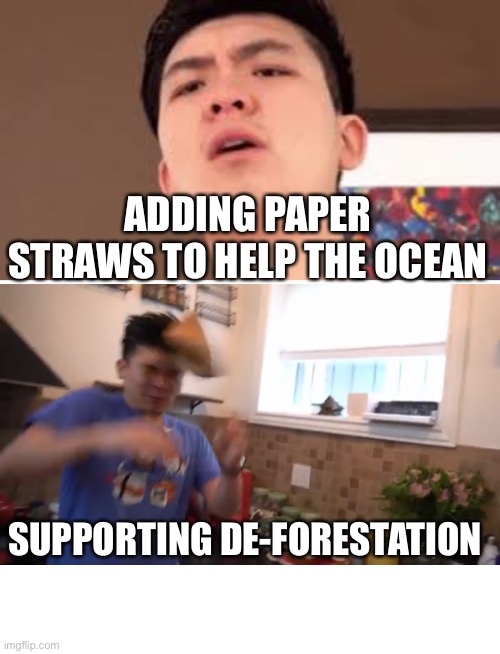 Paper straws VS plastic straws | ADDING PAPER STRAWS TO HELP THE OCEAN; SUPPORTING DE-FORESTATION | image tagged in blank white template | made w/ Imgflip meme maker