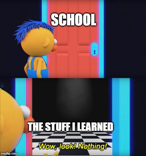 School | SCHOOL; THE STUFF I LEARNED | image tagged in wow look nothing | made w/ Imgflip meme maker
