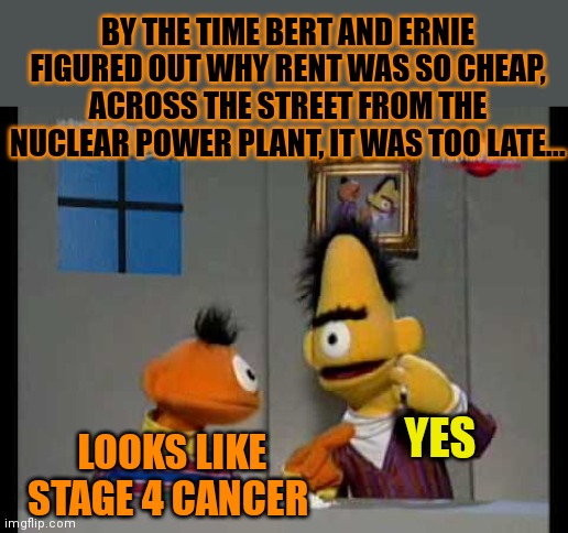 Three mile island | BY THE TIME BERT AND ERNIE FIGURED OUT WHY RENT WAS SO CHEAP, ACROSS THE STREET FROM THE NUCLEAR POWER PLANT, IT WAS TOO LATE... LOOKS LIKE STAGE 4 CANCER; YES | image tagged in three mile island,nuclear,fallout,bert and ernie,sesame street,cancer | made w/ Imgflip meme maker