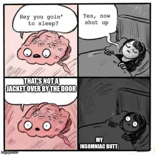 Hey you going to sleep? | THAT'S NOT A JACKET OVER BY THE DOOR; MY INSOMNIAC BUTT: | image tagged in hey you going to sleep | made w/ Imgflip meme maker
