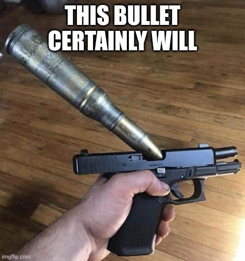 Big Bullet, Small Gun | THIS BULLET CERTAINLY WILL | image tagged in big bullet small gun | made w/ Imgflip meme maker