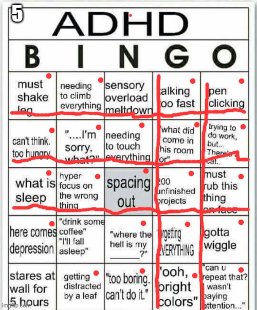 adhd bingo | 5 | image tagged in adhd bingo | made w/ Imgflip meme maker