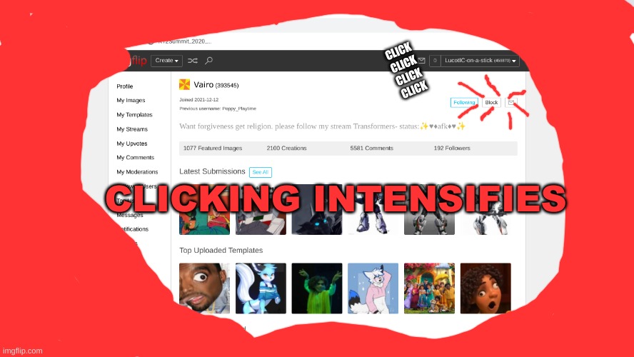 Blocking vairo | CLICK CLICK CLICK CLICK; CLICKING INTENSIFIES | image tagged in msmg,follow block buttons | made w/ Imgflip meme maker