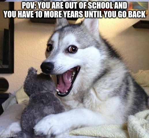 Out Of School For 10 Years | POV: YOU ARE OUT OF SCHOOL AND YOU HAVE 10 MORE YEARS UNTIL YOU GO BACK | image tagged in happy dog,funny memes,husky,humor | made w/ Imgflip meme maker