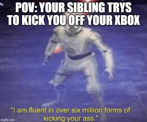 Happened to me today | POV: YOUR SIBLING TRYS TO KICK YOU OFF YOUR XBOX | image tagged in i am fluent in over six million forms of kicking your ass | made w/ Imgflip meme maker