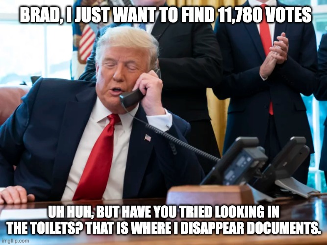 Trump should have seized the voting machines and the toilets! | BRAD, I JUST WANT TO FIND 11,780 VOTES; UH HUH, BUT HAVE YOU TRIED LOOKING IN THE TOILETS? THAT IS WHERE I DISAPPEAR DOCUMENTS. | image tagged in donald trump,election 2020 | made w/ Imgflip meme maker
