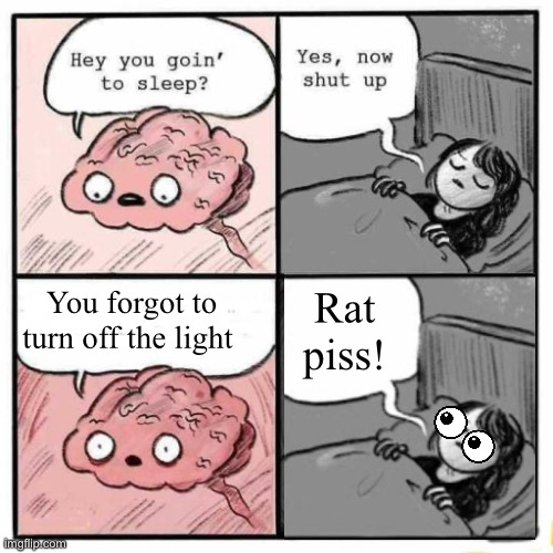 Hey you going to sleep? | You forgot to turn off the light Rat piss! | image tagged in hey you going to sleep | made w/ Imgflip meme maker