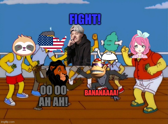 Simpsons Monkey Fight | FIGHT! OO OO AH AH! BANANAAAA! | image tagged in simpsons monkey fight | made w/ Imgflip meme maker