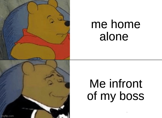 Tuxedo Winnie The Pooh | me home alone; Me infront of my boss | image tagged in memes,tuxedo winnie the pooh | made w/ Imgflip meme maker