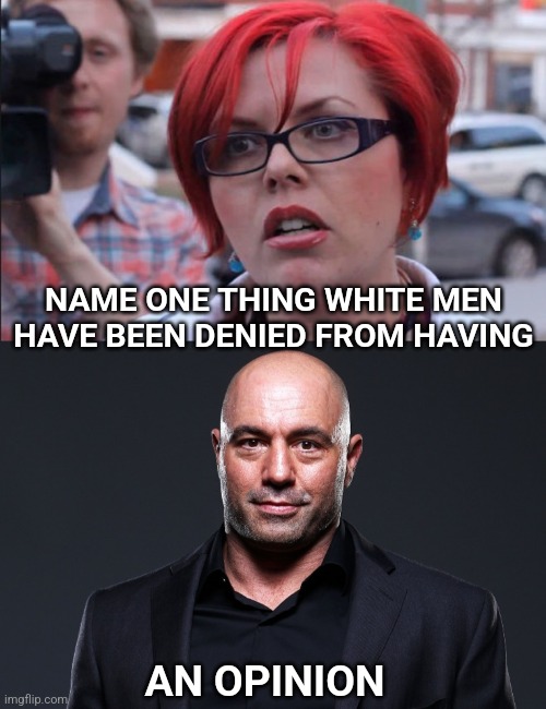  NAME ONE THING WHITE MEN HAVE BEEN DENIED FROM HAVING; AN OPINION | image tagged in femenist,joe rogan,opinion,cancel culture | made w/ Imgflip meme maker