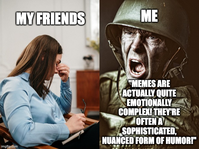 Sophisticated Soldier | MY FRIENDS; ME; "MEMES ARE ACTUALLY QUITE EMOTIONALLY COMPLEX! THEY'RE OFTEN A SOPHISTICATED, NUANCED FORM OF HUMOR!" | image tagged in funny memes | made w/ Imgflip meme maker