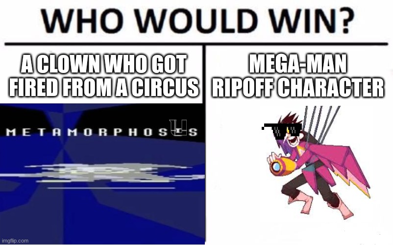 Who would win? | A CLOWN WHO GOT FIRED FROM A CIRCUS; MEGA-MAN RIPOFF CHARACTER | image tagged in deltarune | made w/ Imgflip meme maker