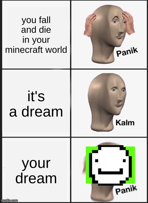 Panik Kalm Panik | you fall and die in your minecraft world; it's a dream; your dream | image tagged in memes,panik kalm panik | made w/ Imgflip meme maker