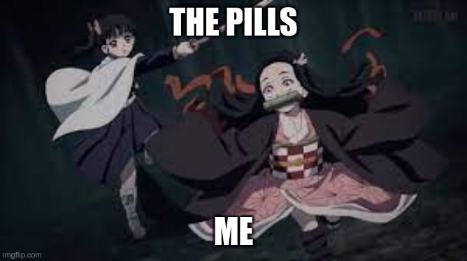 nezuko running | THE PILLS ME | image tagged in nezuko running | made w/ Imgflip meme maker