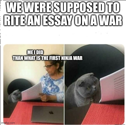 Then why did you write | WE WERE SUPPOSED TO RITE AN ESSAY ON A WAR; ME I DID                             THAN WHAT IS THE FIRST NINJA WAR | image tagged in then why did you write | made w/ Imgflip meme maker