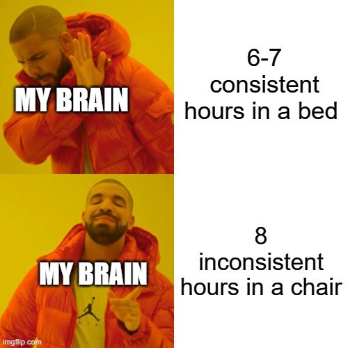 if sleep quality is a thing then explain this | 6-7 consistent hours in a bed; MY BRAIN; 8 inconsistent hours in a chair; MY BRAIN | image tagged in memes,drake hotline bling,sleep | made w/ Imgflip meme maker