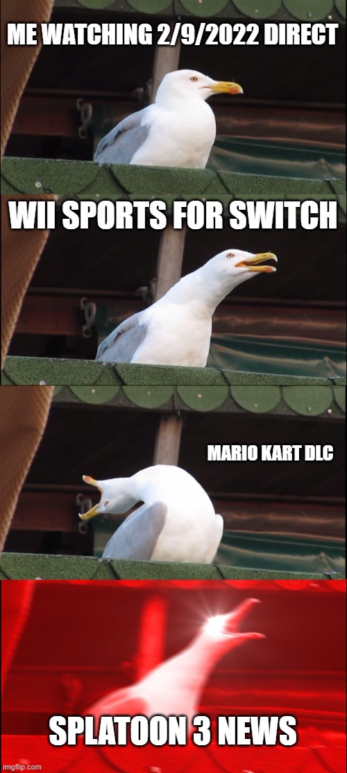 Inhaling Seagull |  ME WATCHING 2/9/2022 DIRECT; WII SPORTS FOR SWITCH; MARIO KART DLC; SPLATOON 3 NEWS | image tagged in memes,inhaling seagull | made w/ Imgflip meme maker