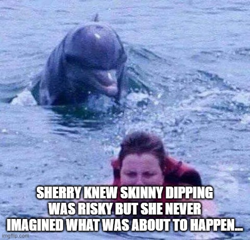 Dangerous Dolphin | SHERRY KNEW SKINNY DIPPING WAS RISKY BUT SHE NEVER IMAGINED WHAT WAS ABOUT TO HAPPEN... | image tagged in dangerous dolphin | made w/ Imgflip meme maker