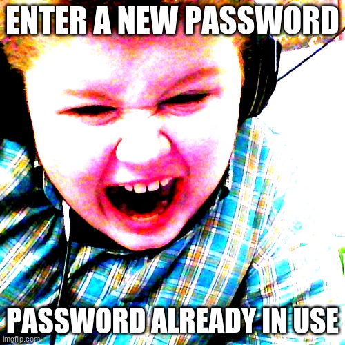 password | ENTER A NEW PASSWORD; PASSWORD ALREADY IN USE | image tagged in gamer rage | made w/ Imgflip meme maker