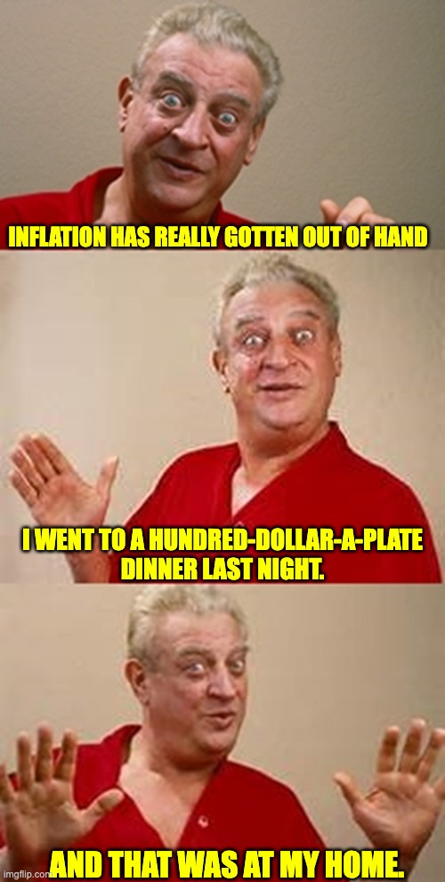 Economy |  INFLATION HAS REALLY GOTTEN OUT OF HAND; I WENT TO A HUNDRED-DOLLAR-A-PLATE DINNER LAST NIGHT. AND THAT WAS AT MY HOME. | image tagged in bad pun dangerfield | made w/ Imgflip meme maker