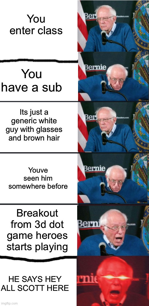Imagine having scott the woz as a substitute teacher | You enter class; You have a sub; Its just a generic white guy with glasses and brown hair; Youve seen him somewhere before; Breakout from 3d dot game heroes starts playing; HE SAYS HEY ALL SCOTT HERE | image tagged in bernie sanders reaction nuked,scott the woz | made w/ Imgflip meme maker