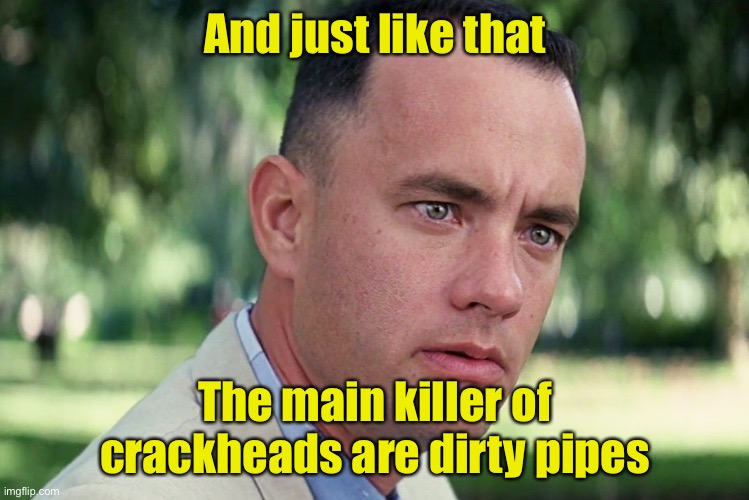 Biden’s safe smoking kits | And just like that; The main killer of crackheads are dirty pipes | image tagged in memes,and just like that | made w/ Imgflip meme maker