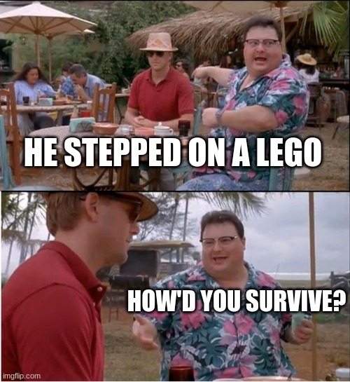See Nobody Cares Meme | HE STEPPED ON A LEGO; HOW'D YOU SURVIVE? | image tagged in memes,see nobody cares | made w/ Imgflip meme maker